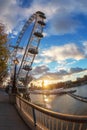 Famous London Eye and Big Ben, at sunset time Royalty Free Stock Photo