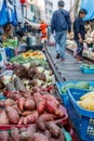 Famous Maeklong railway market, Samut Songkhram province, Thailand. Vertical image