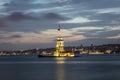 The famous Maiden`s Tower or the Leanders Tower Kiz Kulesi in Turkish standing in the middle of the Bosphorus, Istanbul, Turkey Royalty Free Stock Photo