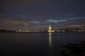 The famous Maiden`s Tower or the Leanders Tower Kiz Kulesi in Turkish standing in the middle of the Bosphorus, Istanbul, Turkey Royalty Free Stock Photo