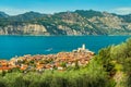 Famous Malcesine tourist resort and high mountains, Garda lake, Italy Royalty Free Stock Photo