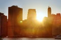 Famous Manhattan skyscrapers shot from Brooklyn Bridge Park, Dambo at sunset, New York, USA. United States of America landmarks. Royalty Free Stock Photo