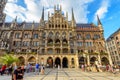 Famous Marienplatz square in Munich. Beautiful facade of Gothic Rathaus or Town Hall of old Munich Royalty Free Stock Photo