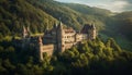 Famous medieval chapel, majestic mountain, ancient forest, green meadow generated by AI Royalty Free Stock Photo