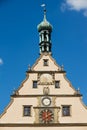 Famous medieval Meistertrunk mechanical clock at the historic town hall building in Rothenburg ob der Tauber, Germany.