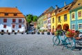 Famous medieval street cafe bar,Sighisoara,Transylvania,Romania,Europe