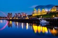 Famous Millennium bridge at night. Illuminated landmarks with river Tyne in Newcastle, UK Royalty Free Stock Photo