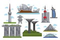 Famous modern futuristic landmarks isolated cartoon illustrations set