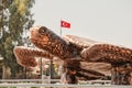 Monument to loggerhead Caretta sea turtle laying eggs in the sand on the beach with Turkish flag at the background. Dalyan