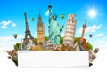 Famous monuments of the world with blank rolled paper Royalty Free Stock Photo