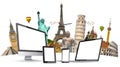 Famous monuments of the world and tech devices on white background Royalty Free Stock Photo