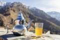 Famous Moroccan mint tea and silver kettle in High Atlas mountains