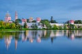 The famous Moscow landmark with Golden domes and a reflection of the landscape on the water of the Park pond against the