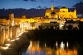 Famous Mosque (Mezquita) and Roman Bridge at night, Spain, Eur Royalty Free Stock Photo