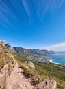 Famous mountain hiking trail with copy space, rough rocks or stones leading to scenic view of Twelve Apostles in Cape Royalty Free Stock Photo