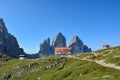 Famous mountains Three Peaks in the Dolomites with the alpine hut Dreizinnenhuette  in the front Royalty Free Stock Photo