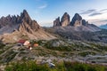 Famous mountains Three Peaks in the Dolomites with the alpine hut Dreizinnenhuette during sunset Royalty Free Stock Photo