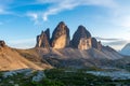 Famous mountains Three Peaks in the Dolomites during sunset Royalty Free Stock Photo