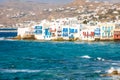 Famous Mykonos town colorfull little venice, Mykonos island, Cyclades, Greece