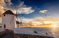 The famous Mykonos windmills during sunset, Greece Royalty Free Stock Photo