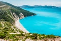 Famous Myrtos Beach. Must see visiting tourism location on Kefalonia island in summer. Greece Royalty Free Stock Photo