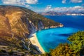 Famous Myrtos beach from overlook, Kefalonia (Cephalonia), Greece. Myrtos beach, Kefalonia island, Greece. Beautiful view of Royalty Free Stock Photo