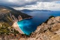 Famous Myrtos beach from overlook, Kefalonia (Cephalonia), Greece. Myrtos beach, Kefalonia island, Greece. Beautiful view of Royalty Free Stock Photo