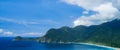 Wushihbi Coast Landscape - Famous natural spot of Yilan, Taiwan. Birds eye aerial view with morning blue bright sky and sunlight.