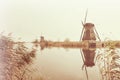 The Famous Netherlands wooden Windmills, UNESCO World Heritage Site, Kinderdijk Windmill village in the soft sunset light of