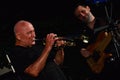 Famous New York based trumpetist and composer Laco Deczi plays on trumpet during his gig in Velke Zaluzie, Slovakia. Royalty Free Stock Photo