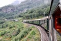 Famous Norwegian Flamsbana train going uphill on its way to Myrdal station and crossing with another one going downhill.