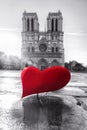 Notre Dame cathedral against red heart, Happy Valentine`s Day, Paris in love, France