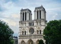 Notre Dame Cathedral in Paris France post fire with it`s towers blackened with soot