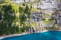 Famous Oeschinensee with Bluemlisalp mountain on a sunny summer day. Panorama of the azure lake Oeschinensee. Swiss alps,