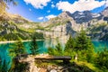 Famous Oeschinensee with Bluemlisalp mountain on a sunny summer day. Panorama of the azure lake Oeschinensee. Swiss alps,