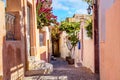 Famous Oia village narrow street with white houses and bougainvillea flowers. Santorini island, Greece