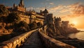 Famous old bridge illuminates majestic sunset, ancient history illuminated generated by AI