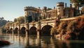 Famous old bridge reflects majestic gothic architecture at sunset generated by AI