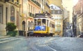 Famous old historic tourist yellow tram in Lisbon Royalty Free Stock Photo