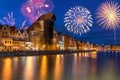 New year celebrate fireworks over Old Town of Gdansk. Royalty Free Stock Photo