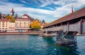 Famous old wooden Spreuer Bridge, 15th-century, covered pedestrian bridge featuring a series of paintings with a death motif Royalty Free Stock Photo