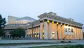 The famous Opera and ballet theatre in Novosibirsk. Beautiful evening illumination of a modern building