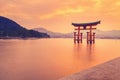 The famous orange shinto gate (Torii) of Miyajima island, Hiroshima prefecture, Japan. Royalty Free Stock Photo