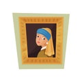 Famous painting of girl with pearl earring and blue headscarf. Museum exhibit. Flat vector for promo poster