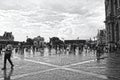 Famous Paris Louvre. People in main courtyard Cour Napoleon with Louvre Museum with Louvre Pyramid