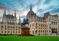 Famous Parliament Building and equestrian statue of Ferenc Rakoczi II on Kossuth Square, Budapest, Hungary Royalty Free Stock Photo
