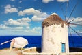 The famous pelican at the windmill of Mykonos, Greece Royalty Free Stock Photo