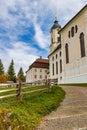 Famous Pilgrimage Church Wieskirche and green lawn view in Bavaria Royalty Free Stock Photo