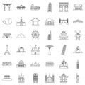 Famous place icons set, outline style