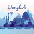 Famous places in Bangkok, Thailand, blue and purple tones, paper cut